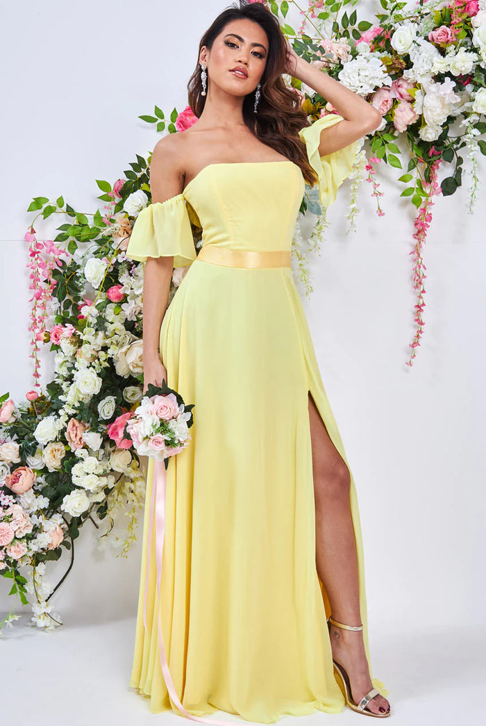 Draped Off The Shoulder Chiffon Maxi Dress With Front Split