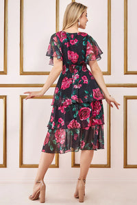 Layered Floral Midi Dress With Flutter Sleeves
