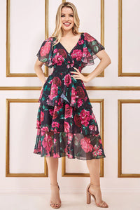 Layered Floral Midi Dress With Flutter Sleeves