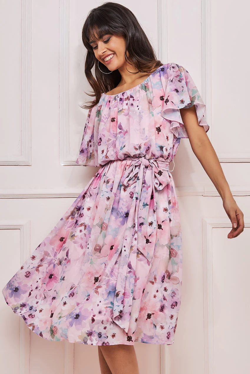 Wrap Back Flutter Sleeve Midi Dress