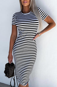 Striped Short Sleeves Midi Dress