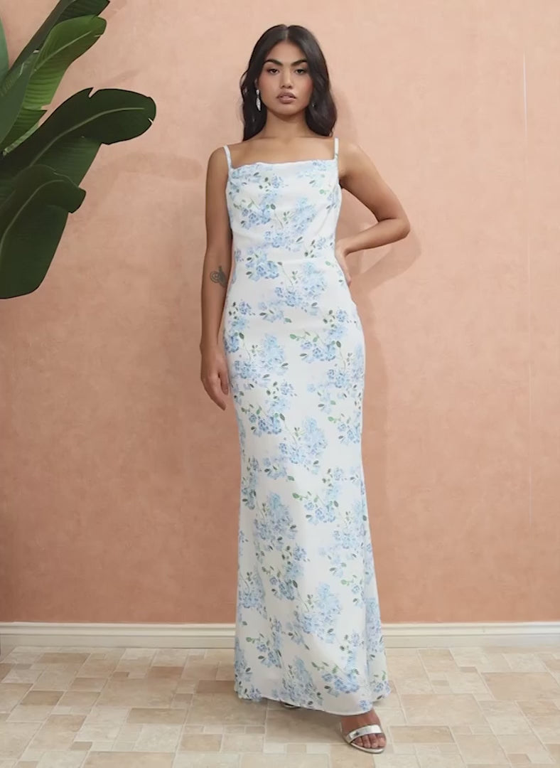 Blue Floral Cowal Neck Maxi Dress