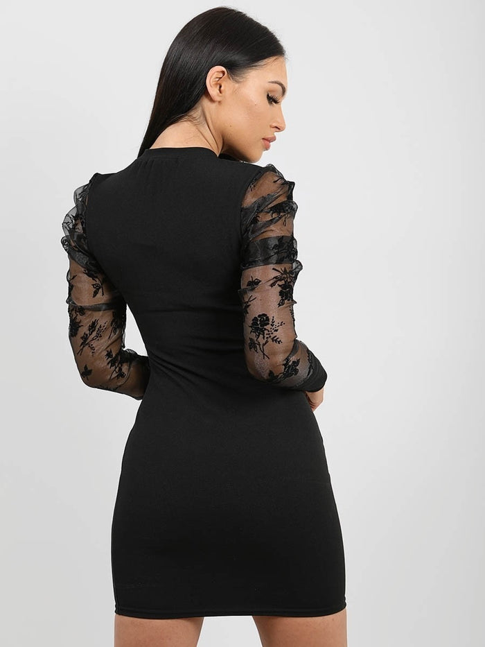 Black Mesh Sleeve Bodycon Dress