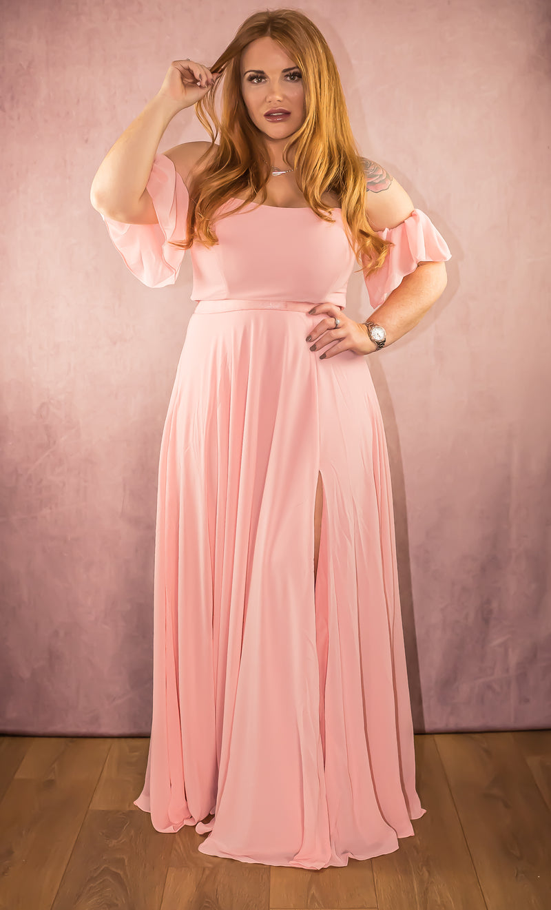 Draped Off The Shoulder Chiffon Maxi Dress with Front Split