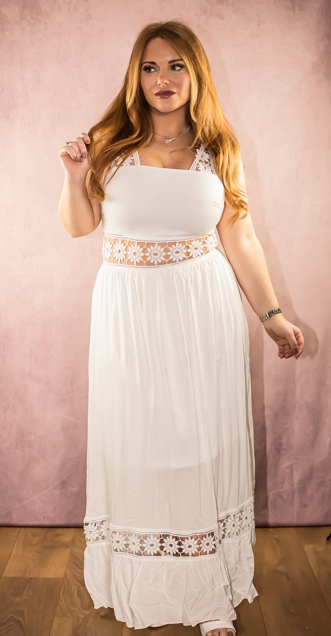 White Crochet Insert Maxi Dress