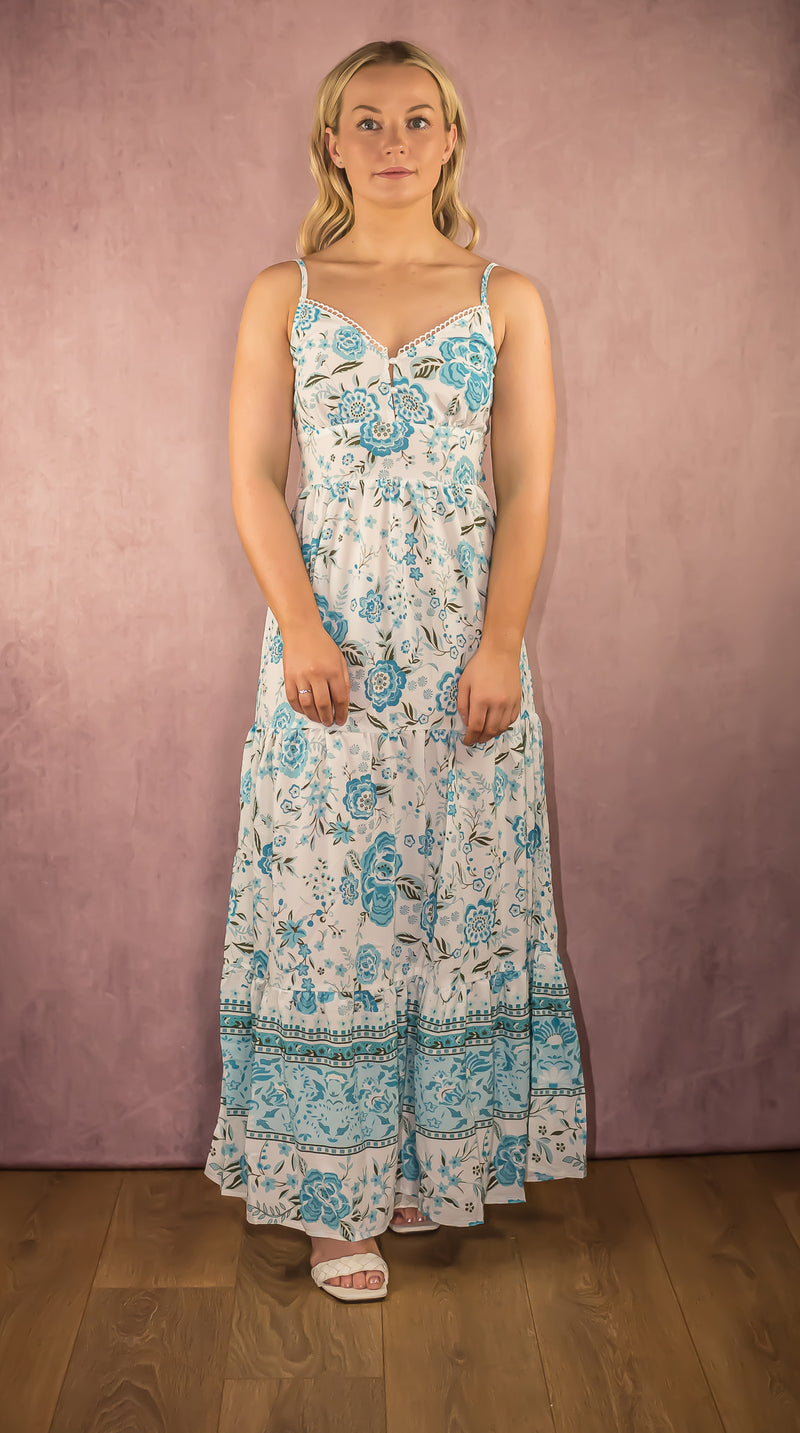 White Blue Floral Cami Strap Tiered Maxi Dress