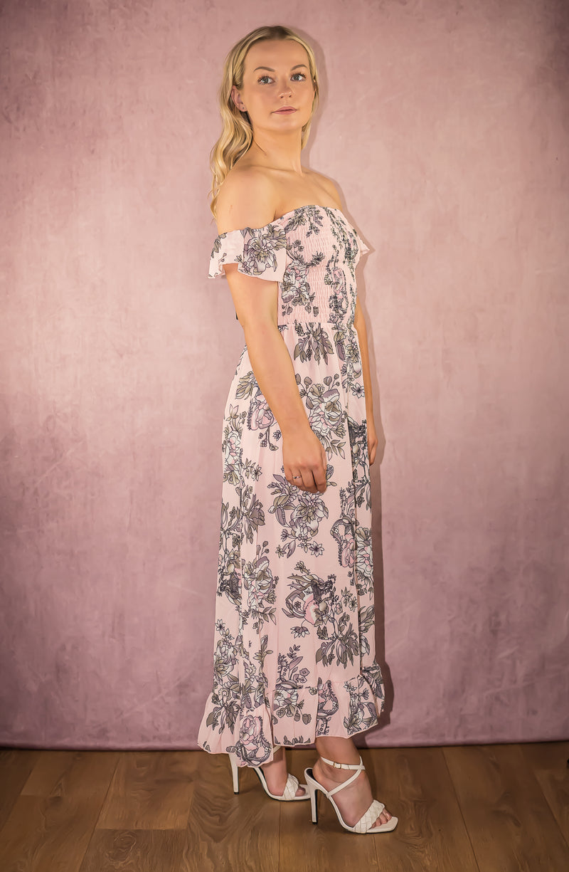 Pink Floral Shirred Frill Hem Bandeau Maxi Dress