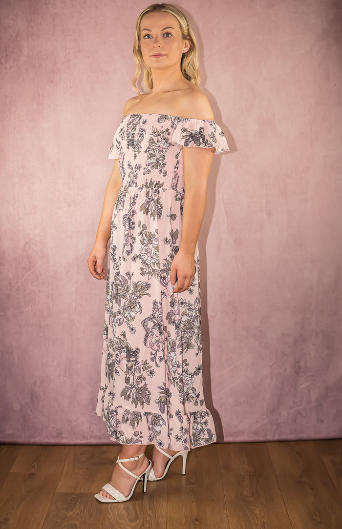 Pink Floral Shirred Frill Hem Bandeau Maxi Dress