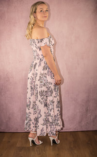 Pink Floral Shirred Frill Hem Bandeau Maxi Dress