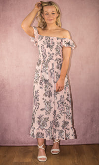 Pink Floral Shirred Frill Hem Bandeau Maxi Dress