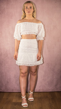 White Dobby Spot Frill Hem Bandeau Crop Top &amp; Skirt