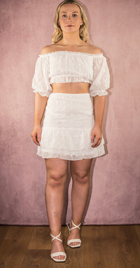 White Dobby Spot Frill Hem Bandeau Crop Top &amp; Skirt