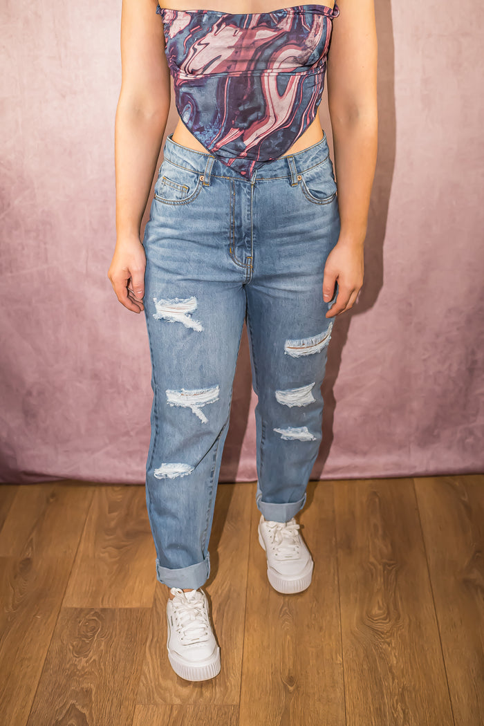 Mid Blue Multi Rip Turn Up Hem Boyfriend Jeans