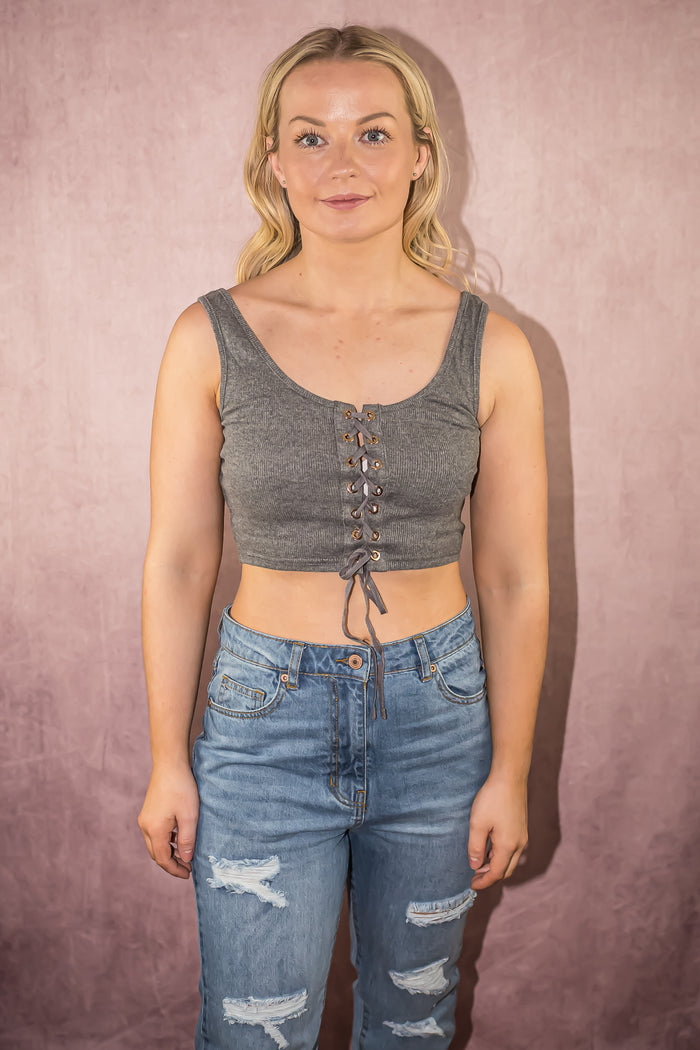 Ribbed Lace Tie Up Crop Top