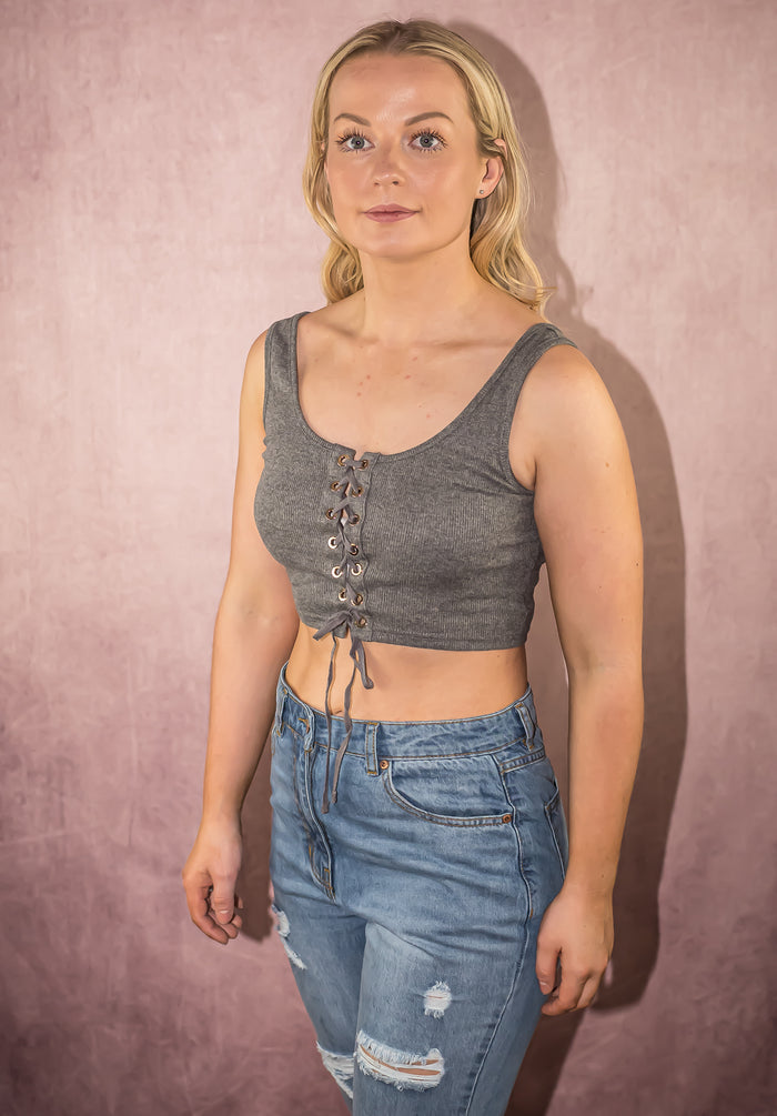 Ribbed Lace Tie Up Crop Top
