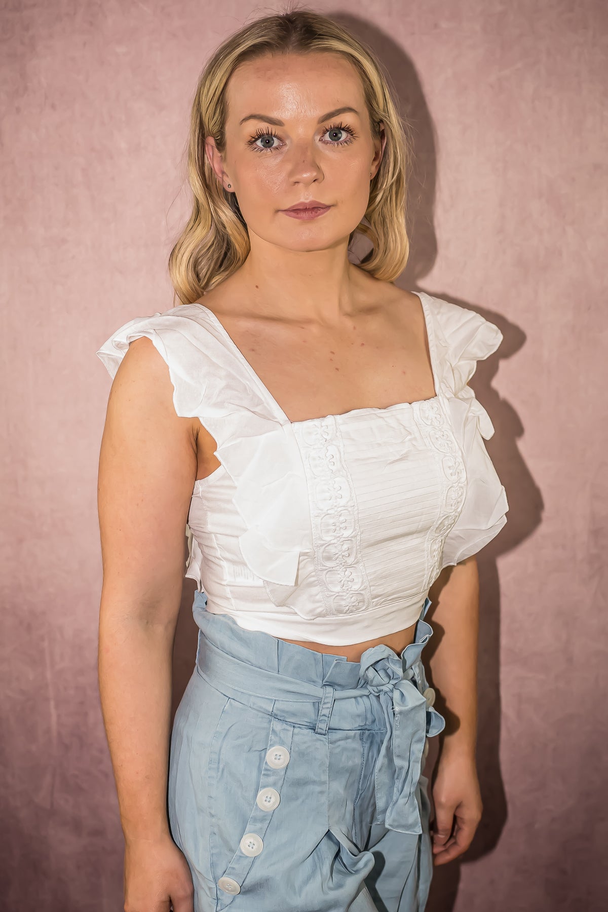 White Crochet Trim Ruffle Sleeve Crop Top