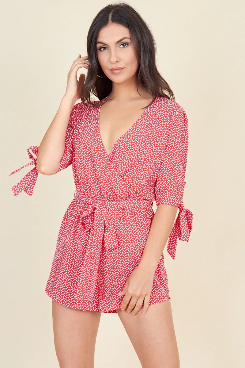 Red White Mini Heart Tie Sleeve Wrap Playsuit With Belt