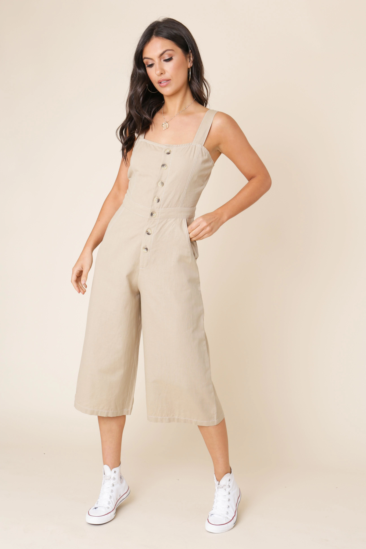 Stone Linen Cotton Button Down Strappy Jumpsuit