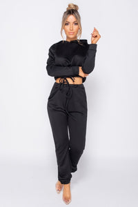 Drawstring Detail Cropped Hoodie & Jogging Trousers Set