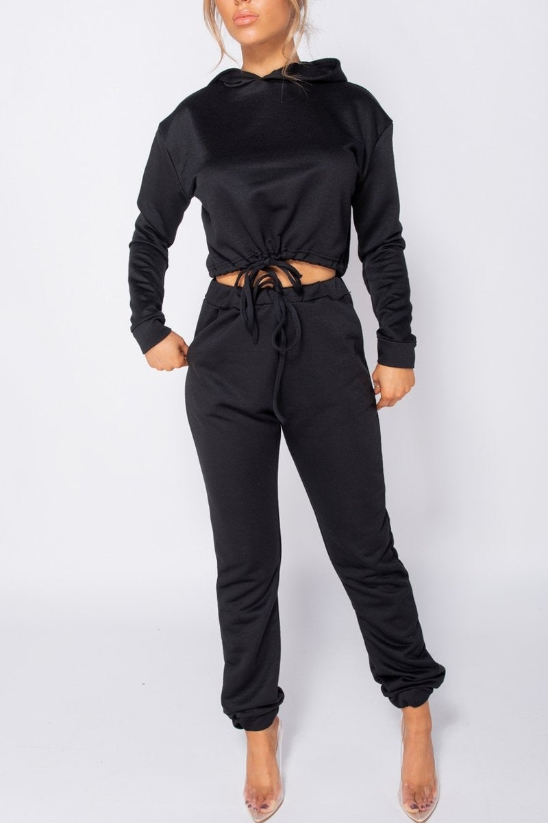 Drawstring Detail Cropped Hoodie & Jogging Trousers Set