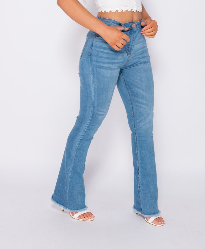 Frayed Hem Flared Denim Skinny Jeans