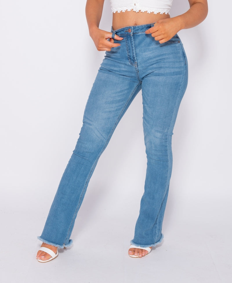 Frayed Hem Flared Denim Skinny Jeans