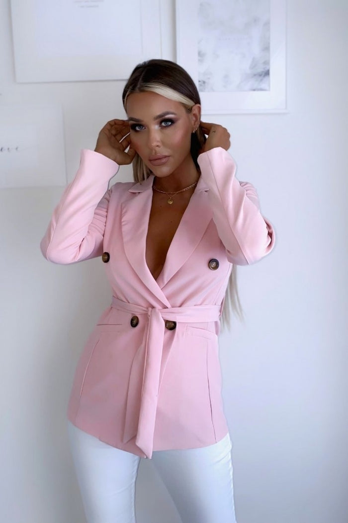 Pink Double Breasted Belted Fitted Blazer