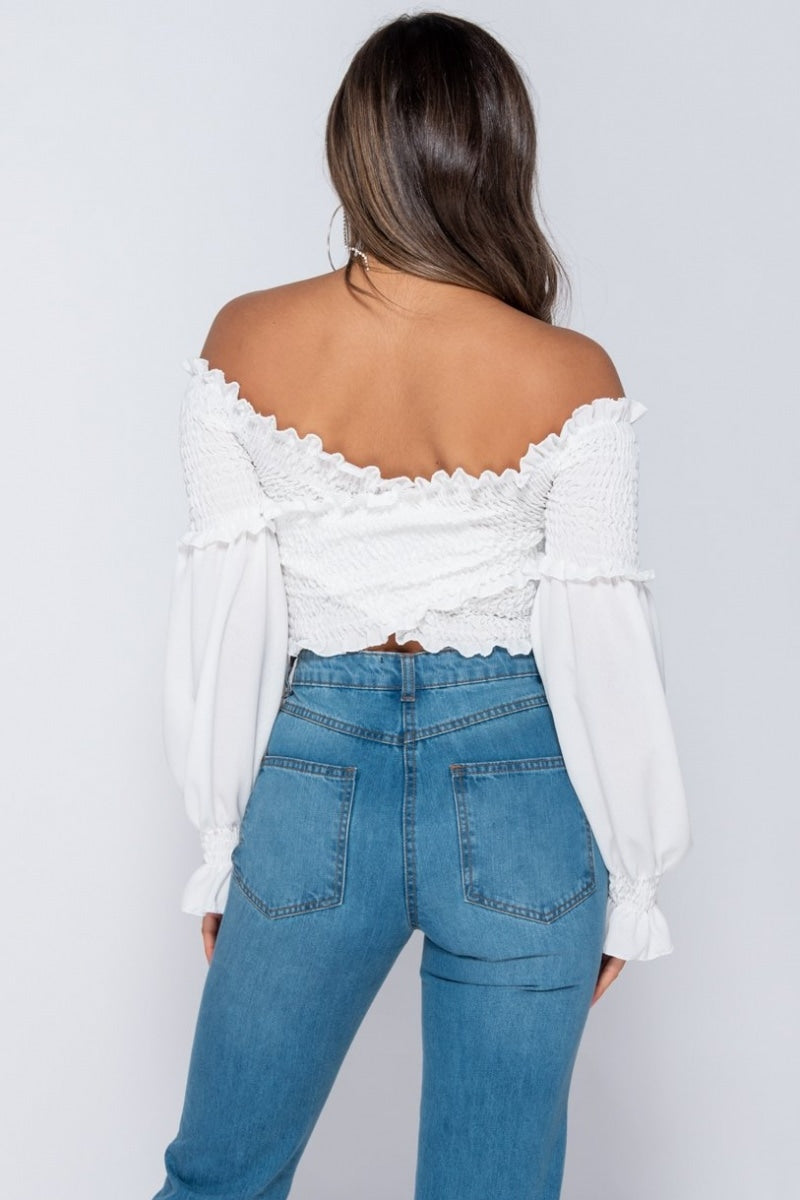 Shirring Detail Long Sleeve Bardot Crop Top