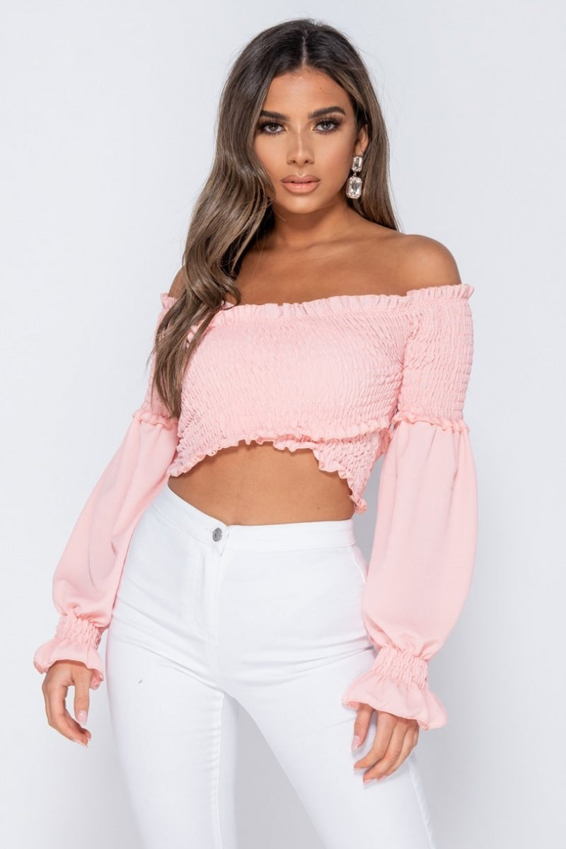 Shirring Detail Long Sleeve Bardot Crop Top