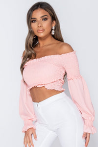 Shirring Detail Long Sleeve Bardot Crop Top