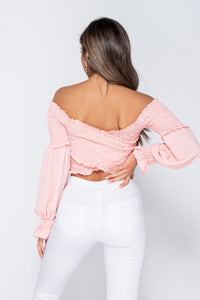 Shirring Detail Long Sleeve Bardot Crop Top